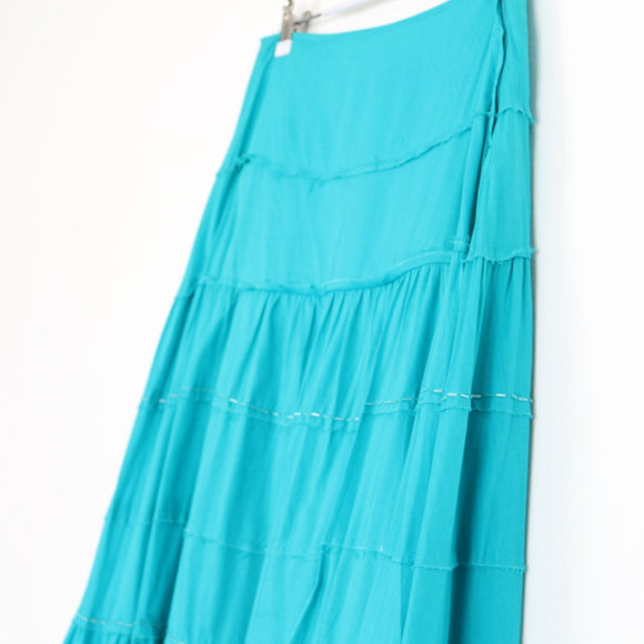 Turquoise Tiered Maxi Skirt with Embroidered Trim – Size S