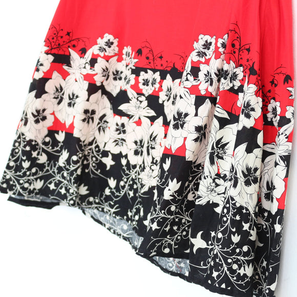 Red & Black Floral Border A-Line Midi Skirt with Bow Belt – Size 32