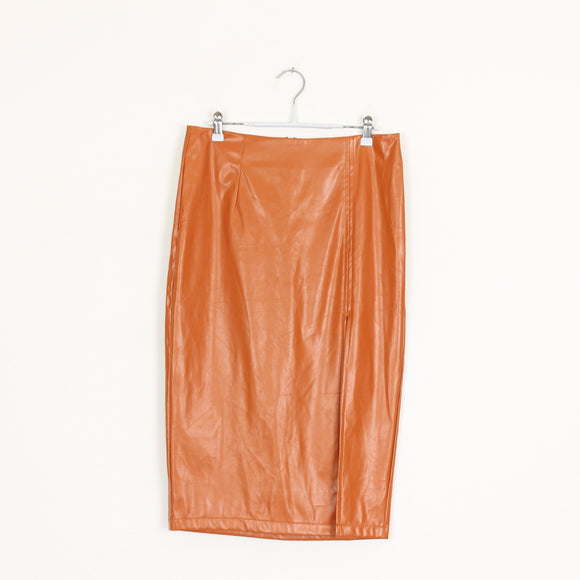 Camel Faux Leather Bodycon Midi Skirt – Size L