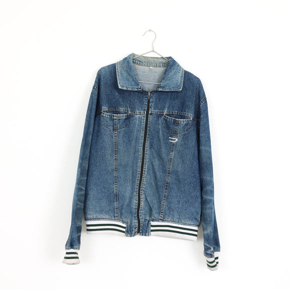 Denim Varsity Bomber Jacket with Striped Ribbed Trim – Size M