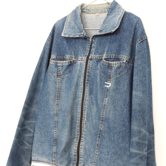 Denim Varsity Bomber Jacket with Striped Ribbed Trim – Size M