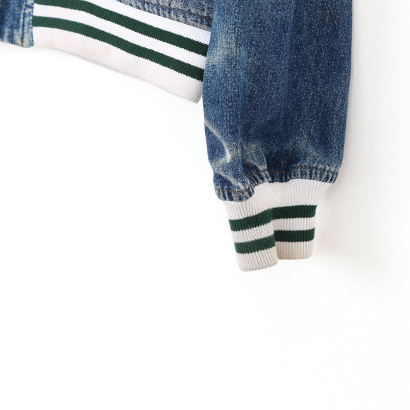 Denim Varsity Bomber Jacket with Striped Ribbed Trim – Size M
