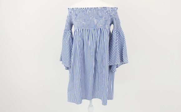 ZARA blue and white stripe off-the-shoulder dress - XS