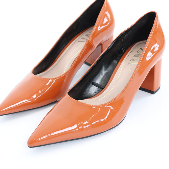 Zara Burnt Orange Patent Leather Pointed-Toe Stiletto Pumps – Size 39