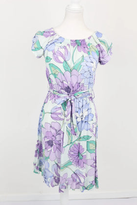 Purple and green floral summer dress with belt - S