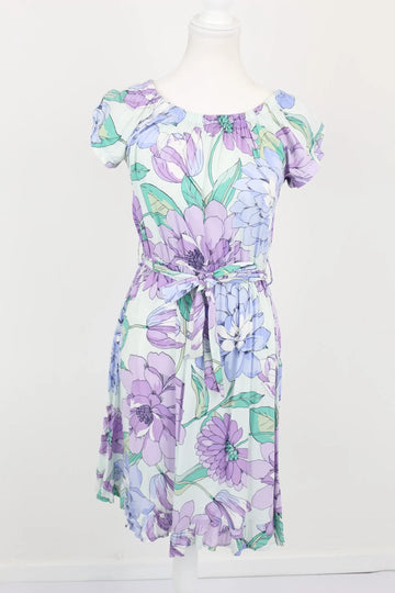Purple & Green Floral Belted Summer Dress | Size S | Brand New
