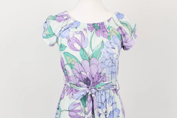 Purple and green floral summer dress with belt - S