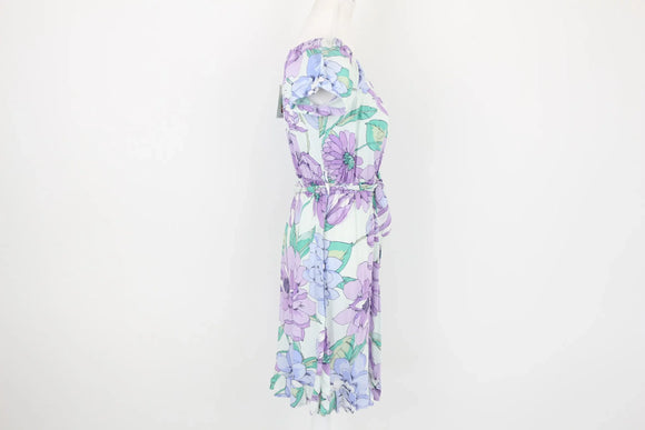 Purple and green floral summer dress with belt - S