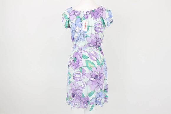 Purple and green floral summer dress with belt - S