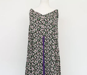 Black floral midi flowy dress with purple velvet belt - M