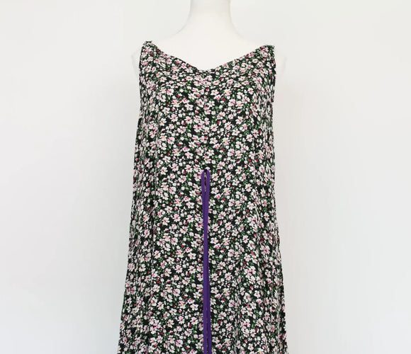 Black floral midi flowy dress with purple velvet belt - M