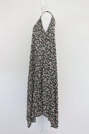 Black floral midi flowy dress with purple velvet belt - M-2