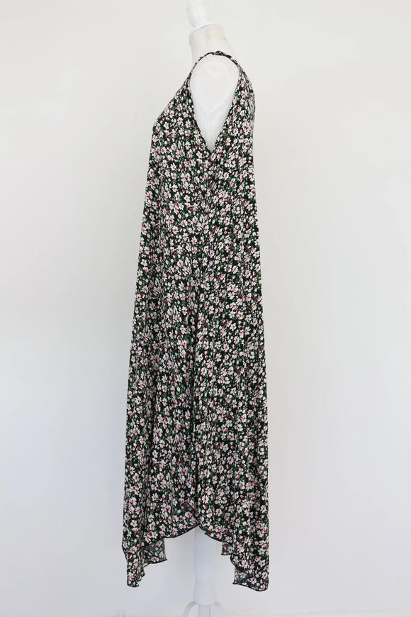 Black floral midi flowy dress with purple velvet belt - M