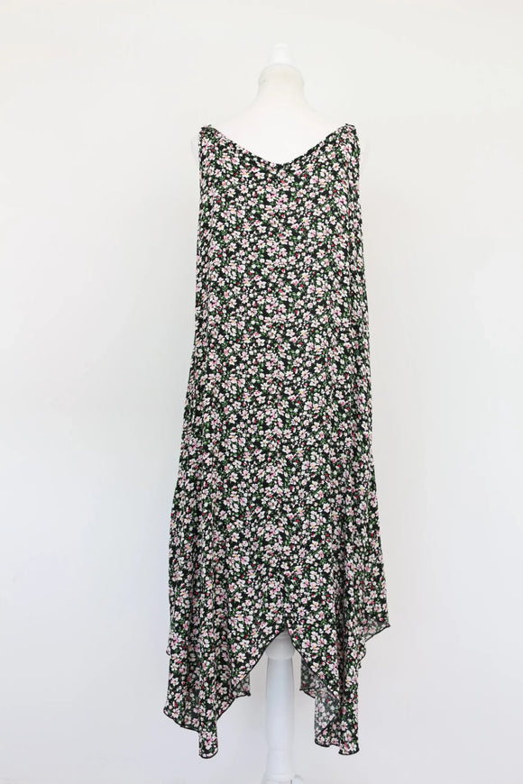 Black floral midi flowy dress with purple velvet belt - M