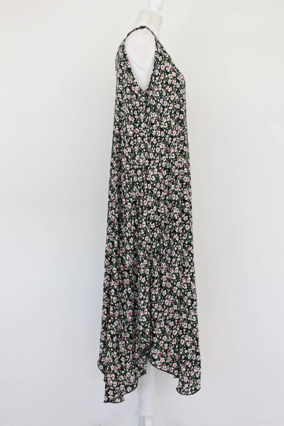 Black floral midi flowy dress with purple velvet belt - M