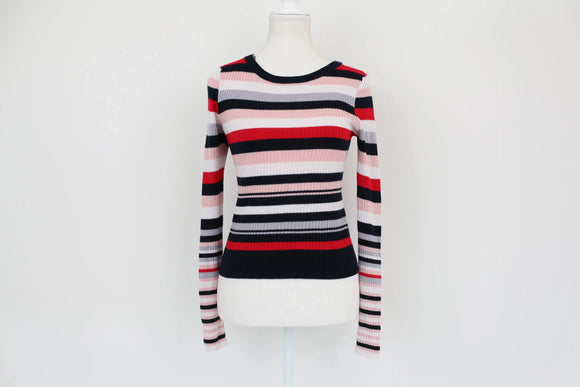 H&M pink, navy, white and red knitted jumper - S