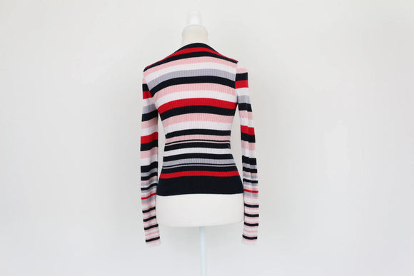 H&M pink, navy, white and red knitted jumper - S