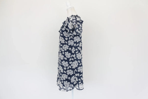 Dark blue dress with big white flowers - S