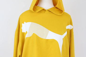 Puma Vintage Yellow Cropped Hoodie | Oversized White Logo | Size L | Pre-Loved - 0
