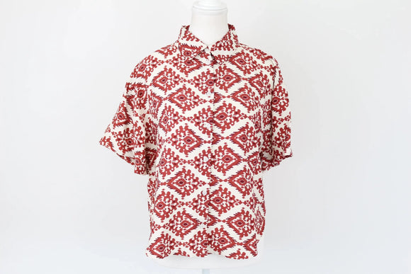 Exact cream, burnt orange and maroon cropped short sleeve shirt - S