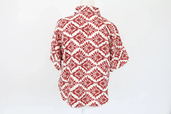 Exact cream, burnt orange and maroon cropped short sleeve shirt - S