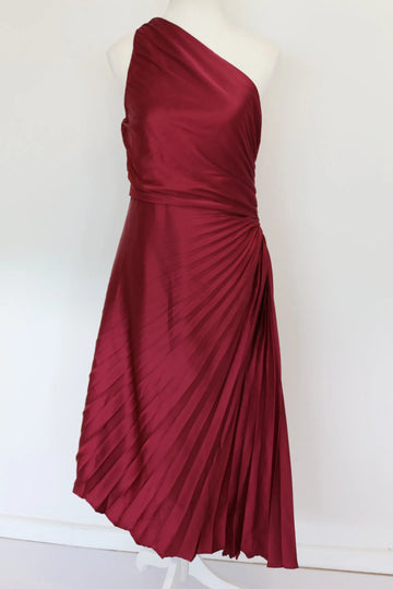 Maroon One-Shoulder Pleated Satin Midi Dress | Size M | Pre-Loved - 0