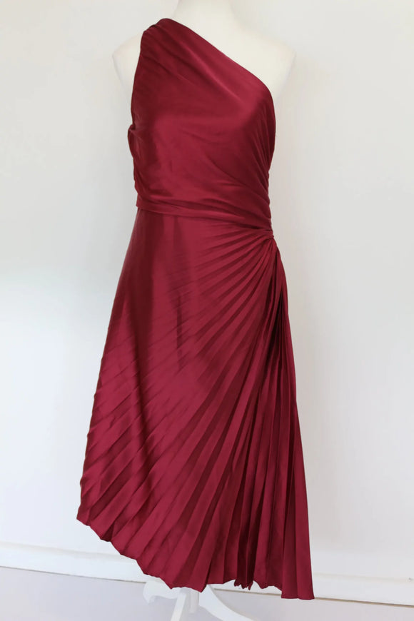 Maroon one shoulder pleated satin midi dress - M