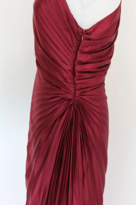 Maroon one shoulder pleated satin midi dress - M