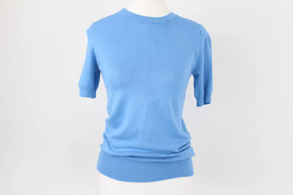 ZARA bright blue knitted short sleeve blouse with silver buttons - S