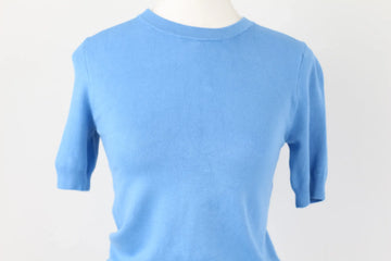 Zara Bright Blue Knitted Short-Sleeve Blouse | Silver Buttons | Size S | Pre-Loved - 0