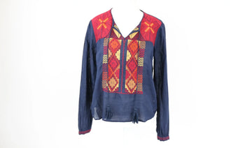 Woolworths Navy Blouse | Multicolour Stitch Detail | Size 8 | Pre-Loved