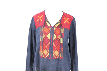 Woolworths Navy Blouse | Multicolour Stitch Detail | Size 8 | Pre-Loved - 0