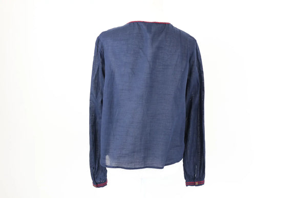 Woolworths navy blouse with red, orange and yellow stitching - 8