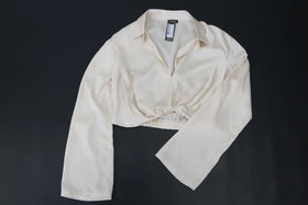 BOOHOO champagne long sleeve satin cropped blouse - 16